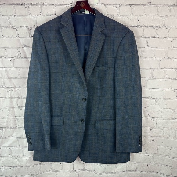pronto uomo platinum navy wool Plaid sports coat Blazer jacket sz 44L - Picture 1 of 8